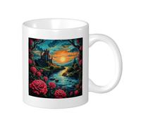 Rose Set Of 1 Printing Mug Landscape Castle Sunset Flower River Tree Cloud Star Sky blue red orange Ceramic Tea Steeping Reusable Desk Family Pantry library Coffee Mug Decorative 11 Ounce