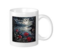 Rose Set Of 1 Printing Mug Spooky River Botanical Moon Cloud Floral Leaves Night Sky Bird blue red Ceramic Tea Steeping Reusable Desk Family Pantry library Coffee Mug Decorative 11 Ounce