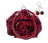 Rose Shaped Evening Bag for Women with Cherry Bag Charm, Elegant Satin Clutch Purse Floral Wristlet Handbag for Wedding, Party, Prom - Soft Bridal Maroon Purse
