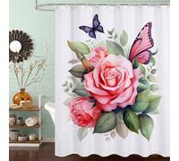 Rose Shower Curtain 100 x 180 cm, Waterproof Fast-Drying Polyester Fabric, Extra Long Shower Curtain with Weighted Bottom & 12 Hooks Washable Bathroom Curtains for Bath Wet Room Tub, Butterfly J8-488