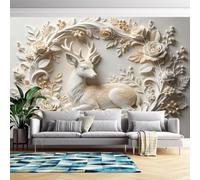 Rose Sika Deer Embossed Wall Mural 3D Relief Flower Wallpaper Mural 250Cm(W) X175Cm(H) Modern Art Wall Stickers for Bedroom Living Room-Non-Woven-Not Peel N' Stick Rose Sika Deer 250Cm(W) X175Cm(H)