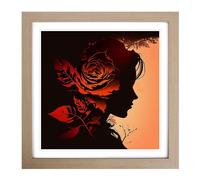 Rose Silhouette No.2 Framed Print | 18x18 Inch Oak Framed Wall Art | Ready to Hang | Modern Floral Picture | Living Room Bedroom Lounge Office