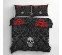 Rose Skull Duvet Cover Double Bedding Set, Black Damask Skeleton Pattern, Reversible Design Bedroom Decor Bed Quilt Cover with 2 Pillowcases, Microfiber, Zip - SMK7446