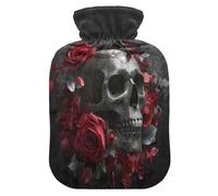 Rose Skull Halloween Black Hot Water Bottle with Cover for Pain Relief Heating Bag for Headaches, 1L