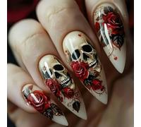 Rose Skull Halloween False Nails with Spiders Web Patterns ABS Almond Tip Design Light Comfort All Day Wear Halloween Fake