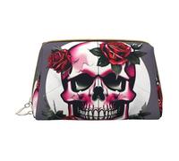 Rose Skull Leather Hand-Held Zipper Makeup Bag Storage Bag for Miscellaneous Items Pen Case