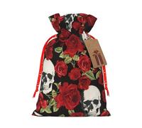 Rose Skull Print Festive Red Drawstring Bag, Small Favors Pouch Ideal For Christmas Party Gifting-S Size