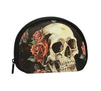 Rose Skull Printed Mini Coin Pouch, Shell Shape Zip Around Wallet, Small Zipper Pouch for Cash, Cards, Keys, Lipstick, Storage Pouch, Travel Organizer