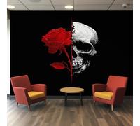 Rose Skull Wallpaper Black Red, Gothic Skeleton Wall Paper for Bedrooms, Home Decor Photo Wallpaper for Living Room 200x140 Non-Woven Wall Mural W&3