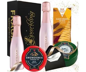 Rosé Sparkling Wine and Cheese Gift Set - 2 x Bottega Rosé Gold Vino Spumante (20cl) with Cheese & Biscuits in Luxury Black Hamper - Elegant Gift for Her or Couples