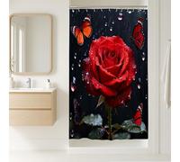 Rose Stall Shower Curtain, Romantic Natural Butterfly Droplets Spring Red Washable with Hooks Decorative Bathroom Curtain Decor for Toile Bathroom Dorm 36x72 Inch