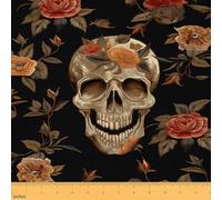 Rose Sugar Skull Upholstery Fabric for Chairs, Rose Floral Flowers Fabric by The Yard, Halloween Pesonalized Skeleton Bones Decorative Fabric for Upholstery and Home DIY Projects, 1 Yard,Red