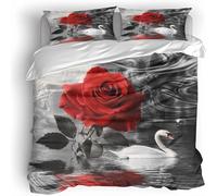 Rose Swan Duvet Cover Set Double Size 3D Printed Bedding Set Zipper Closure Quilt Cover With Pillowcase 50X75Cm For Kids Girls Boys Adults Bedroom Soft Easy Care Bedding 200 X 200 Cm
