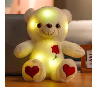 (Rose Teddy Bear) LED Light-Up Teddy Bear with Rose & Heart | Soft Plush Stuffed Animal, White/Red Romantic Gift for Valentine's Day, Anniversary, or Birthday