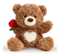 Rose Teddy Bear Stuffed Animals Soft Plush Toy Teddy Bear With Rose Gift for Mother Girlfriend Birthday Wedding 9.5", White (Brown)