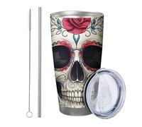 Rose tumbler Pack Of 1 Skull Pretty Bohemian Artistic Hand-Painted Pattern Flower Leaves red green gray Stainless Can Cooler Shatterproof Travel Pool Outdoor With Lid drinking cup 20 Ounce