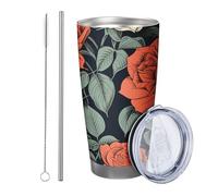 Rose tumbler Set Of 1 Farmhouse Retro Botanical Leaves Beautiful Cottage Flower red green Stainless Can Cooler Shatterproof Travel Pool Outdoor library dorm With Lid drinking cup 20 Ounce