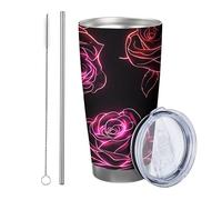 Rose tumbler Set Of 1 Modern Lines Flower Aesthetic Artistic Botanical Beautiful pink black Metal Insulated Reusable No Spill Shatterproof Yard Outdoor Picnic gym with straw Cold Drinks 20 Ounce