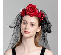 Rose Veil Headband Red Black Flower Skull Lace Crown Women Day of The Dead Halloween Headpiece Bridal Wedding Masquerade Supplies Gothic Hair Accessories