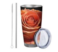 Rose with lid and straw tumbler Cottage Beautiful Artistic Floral Leaves Beautiful Botanical orange black Insulated Metal Can Cooler No Spill School college nursery Stemless Double Wall 20 Ounce
