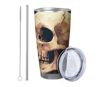 Rose with lid and straw tumbler Retro Aesthetic Pattern Floral Leaves Skull Cranium yellow red green Stainless Metal Hot And Cold No Spill Office Outdoor Club Dorm Coffee drinking cup 20 Ounce