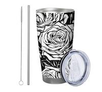 Rose with lid tumbler Set Of 1 Floral Abstract Artistic Pretty Botanical Plant Modern Lines Geometric black white Insulated Can Cooler No Spill School college nursery Stemless Double Wall 20 Ounce
