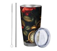 Rose with lid tumbler Set Of 1 Vintage Clock Botanical Plant Flower Artistic Aesthetic Designs red green orange Insulated Can Cooler Shatterproof Car Pool Travel Office Double Wall Stemless 20 Ounce