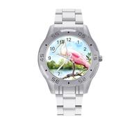 Roseate Spoonbill Watercolor Business Watch for Men Metal Band Watches Casual Gift Three-Hand Wrist Watch for Boyfriend Father