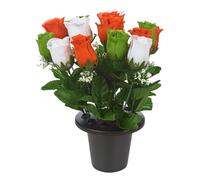 (Rosebud Orange Green White Mix) Artificial Rose Flower in Black Planter