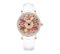 ROSEEONNE Watch Women’s Rotating Dial Quartz Watch, 30mm Crystal-Studded Round Wristwatch, Leather Strap, 360° Spin Lucky Watch, Waterproof Wrist Watch(Wei)