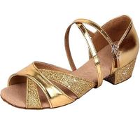Rosefinch Latin Dance Shoes for Women Low Heels 3.5 cm for Girls Sequin Tango Waltz Samba Salsa Rumba Soft Bottom Dance Shoes, Gold 1'