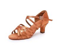 Rosefinch Professional Latin Dance Shoes for Women Low Heels 3.5 cm for Girls Latin Chacha Salsa Jazz Ballroom Dance Shoes for Beginners Practice Game White, 5 1 cm brown, 4 UK