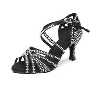 Rosefinch Women's Latin Dance Rhinestone Shoes Soft Bottom Modern Pole Dance Ballroom Dance Wedding Shoes 7cm High Heel Latin Shoes for Girls Ladies Black 4‘