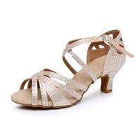 Rosefinch Women's Latin Dance Rhinestone Shoes Soft Bottom Modern Pole Dance Ballroom Dance Wedding Shoes 5cm High Heel Latin Shoes for Girls Ladies Beige 5‘