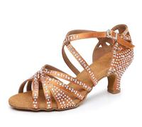 Rosefinch Women's Latin Dance Rhinestone Shoes Soft Bottom Modern Pole Dance Ballroom Dance Wedding Shoes 5cm High Heel Latin Shoes for Girls Ladies Brown 2.5‘