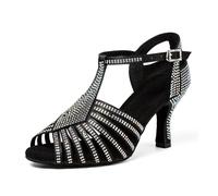 Rosefinch Women's Latin Dance Sandals Rhinestone High Heel Open Toe Professional Salon Dance Salsa Tango Performance,Black 9cm Heel 4'