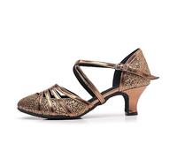 Rosefinch Women's Latin Salsa Dance Shoes Closed Toe Fashion Tango Cha-cha Ballroom Performence Dancing Shoes Brown 5cm Heel