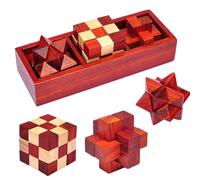 RoseFlower 3 Pcs 3D Wooden Brain Teaser Puzzles Set, Fun IQ Logic Puzzle Games, Logic Mind Educational Toy, Assembly Disentanglement Puzzles Interlocking Lock Games Gift Set for Kids and Adults