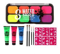 RoseFlower 8 colours UV Blacklight Neon Fluorescent Body Face paint, 3pcs Art Paint ,Glow in Dark Face Body Paint, Professional Non-Toxic Makeup Pallet Halloween FX Party Artist Fancy Adult Painting