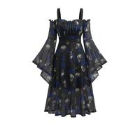 Rosegal Plus Size Women Medieval Renaissance Costumes Dress Gothic Bell Sleeves Cold Shoulder Skulls Rose Mesh Dress Halloween Costumes Dress Witch Cosplay(Blue_2/L)
