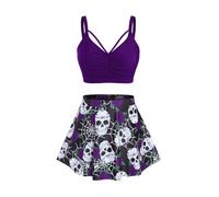 Rosegal Women Plus Size Gothic Tankini Swimsuit Rose Skulls Printed Ruched Two Piece Bathing Suits, Deep Purple, 3X