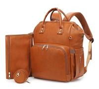 ROSEGIN Vegan Leather Baby Changing Bag Backpack, Large Waterproof Nappy Baby Bag for Mum & Dad - Multifunction Diaper Bag with Changing Mat, Buggy Clips & Dummy Holder, Brown