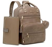 ROSEGIN Vegan Leather Baby Changing Bag Backpack, Large Waterproof Nappy Baby Bag for Mum & Dad - Multifunction Diaper Bag with Changing Mat, Buggy Clips & Dummy Holder, Taupe