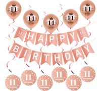 Rosegold Garland Happy 11th Birthday Banner + Triangle Flags + 11 Years Birthday Hanging Deco Spirals + 5 Pcs Balloons 11 Years Birthday Girl Decorations Birthday 11 Years Girl