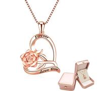 RoseGold Plated 925 Sterling Silver Rose Flower Heart Pendant Necklace for Women with "Forever Love You" Engraved Gift for Her Valentine's Mother's Day Christmas Thanksgiving Birthday 18inch