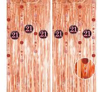 Rosegold Tinsel Backdrop 21st Birthday Party Backdrop Decorations,21st Tinsel Hanging Swirls Birthday Decorations,Rose Pink Curtain Streamers Tinsel Backdrop for 21st Her Women Birthday Party