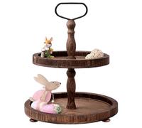 RoseHot 2 Tiered Tray, Rustic Round Farmhouse Style Decorative Tray, Dessert Stand Kitchen Island Decor, Wooden Serving Tray for Coffee Food Fruits Cupcakes, Home Decor Holiday Display, Dark Wood