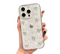 ROSEHUI 3D Bowknot Clear Case for iPhone 16 Pro,Sparkly Glitter Bling Phone Case with Bow Pearl for Women Girls,Cute Ultra Slim Transparent Anti-Yellow Protective Back Cover-Silver