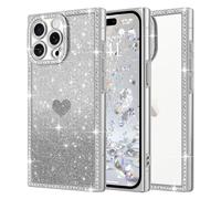 ROSEHUI for iPhone 14 Pro Case for Women Girls,Cute Love Heart Pattern, Electroplated Luxury Glitter Bling Diamond Clear Rectangle Case,Full Camera Protective Shockproof Soft TPU Cover-Silver