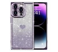 ROSEHUI for iPhone 14 Pro Max Case Glitter,Rectangle Clear Sparkly Phone Case with Bling Rhinestone Cute Heart Pattern Glitter Paper,Camera Protective TPU Shockproof Cover for Women Girls,Purple